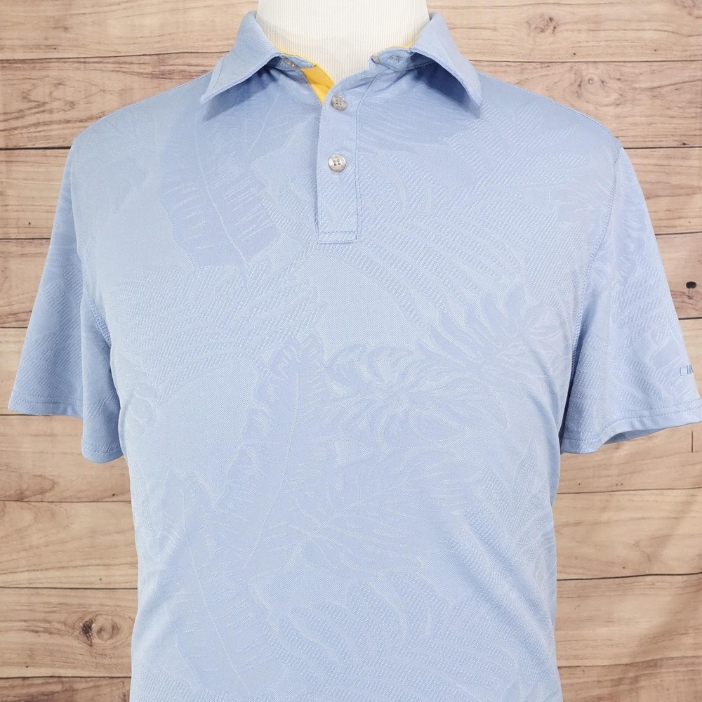 Chaps Golf Polo Shirt Mens L Blue Polyester Spandex Floral Jacquard Stretch